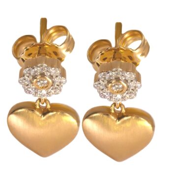 Złote wiszące kolczyki z brylantami i wiszącym serduszkiem na sztyft