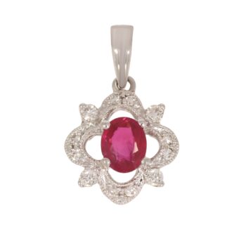 Zawieszka z rubinem i brylantami w białym złocie próby 750