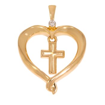 Złota zawieszka serduszko z krzyżykiem i brylantem